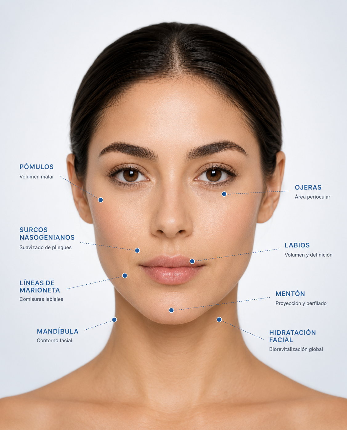 Zonas de aplicación Hyacorp: pómulos, ojeras, surcos nasogenianos, labios, líneas de marioneta, mentón, mandíbula e hidratación facial